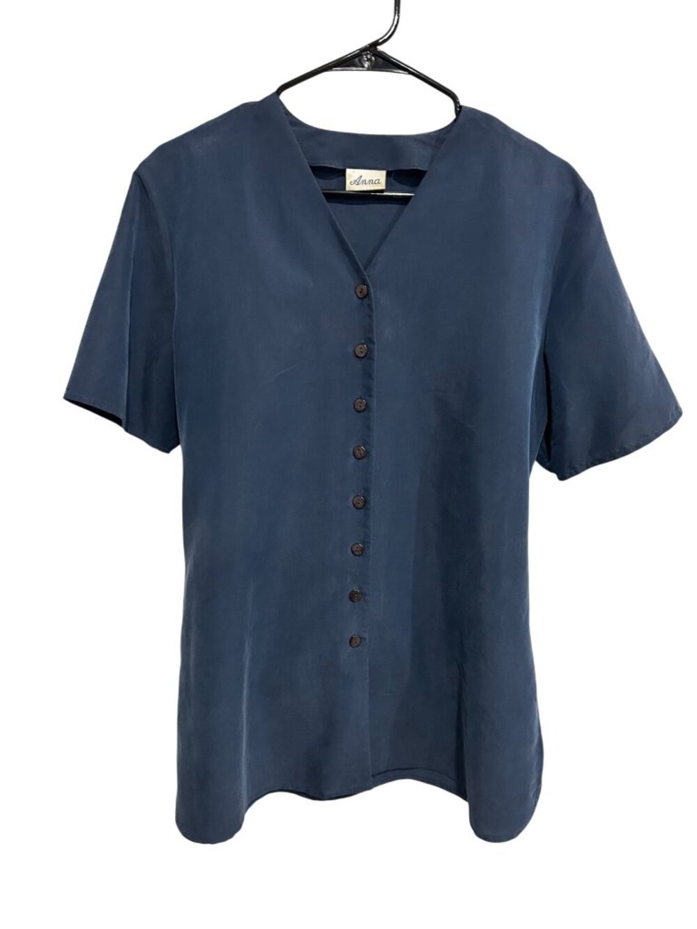 Vintage Anna Navy Short Sleeve Button-Up Blouse Size L Retro 90s Minimalism